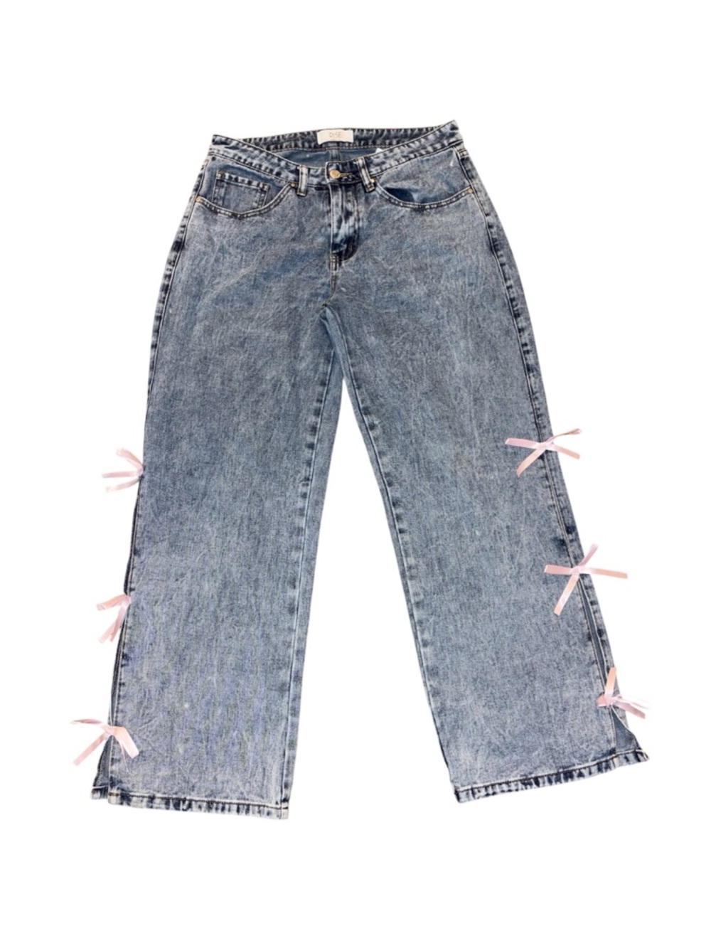 Light Wash Denim Jeans with Pink Bow Accents 9